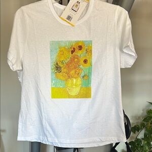 New White T-Shirt with Sunflower Print size M 100% cotton